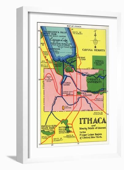 Ithaca, New York - Detailed Map Postcard of Ithaca and Nearby Points of Interest-Lantern Press-Framed Art Print
