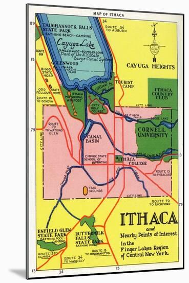Ithaca, New York - Detailed Map Postcard of Ithaca and Nearby Points of Interest-Lantern Press-Mounted Art Print