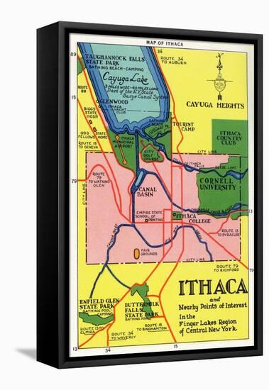 Ithaca, New York - Detailed Map Postcard of Ithaca and Nearby Points of Interest-Lantern Press-Framed Stretched Canvas