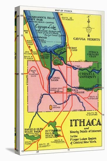 Ithaca, New York - Detailed Map Postcard of Ithaca and Nearby Points of Interest-Lantern Press-Stretched Canvas