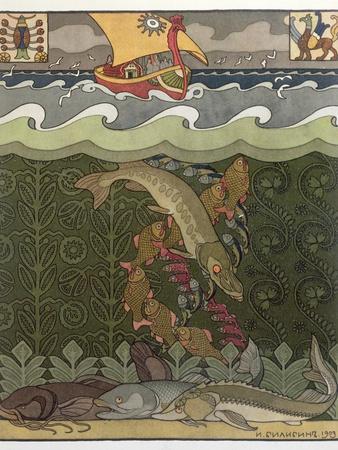 Bogatyr Volga Transforms himself into a Pike, illustration for the Russian Fairy Story, 'The Volga'