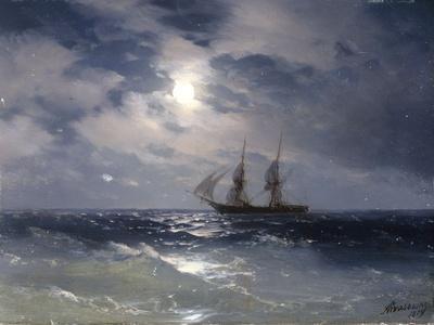 Sailing ship in the moonlight on a calm sea, 1874