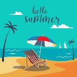 Hello Summer Poster. Tropical Beach with Palm Trees and Umbrella. Vector Background-ivector-Stretched Canvas