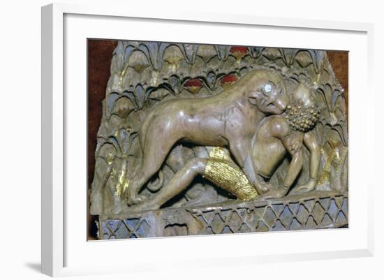 Ivory panel of a lioness devouring a boy, Palace of Ashurnasirpal II, Nimrud, Phoenician-Unknown-Framed Giclee Print
