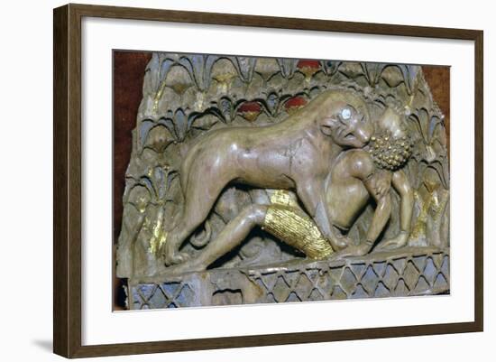 Ivory panel of a lioness devouring a boy, Palace of Ashurnasirpal II, Nimrud, Phoenician-Unknown-Framed Giclee Print