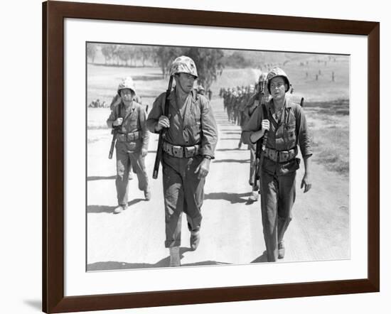 Iwo Jima Sands of Iwo Jima by AllanDwan with ohn Wayne and John Agar, 1949 (b/w photo)-null-Framed Photo