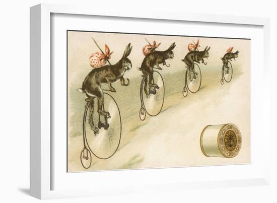 J&P Coats Trade Card with Rabbits Bicycling-null-Framed Giclee Print