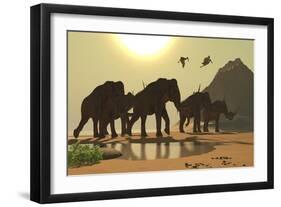 Jabiru Birds Fly Past a Herd of Columbian Mammoths-Stocktrek Images-Framed Art Print