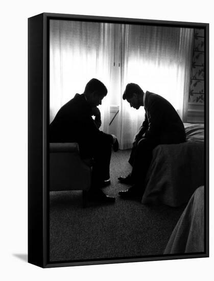 Jack Kennedy Conferring with His Brother and Campaign Organizer Bobby Kennedy in Hotel Suite-Hank Walker-Framed Stretched Canvas