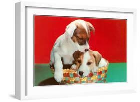 Jack Russell Puppies in Basket-null-Framed Art Print