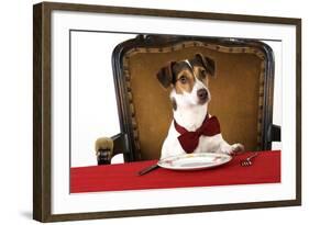 Jack Russell Terrier Wearing Bow Tie Sitting at Table-null-Framed Photographic Print