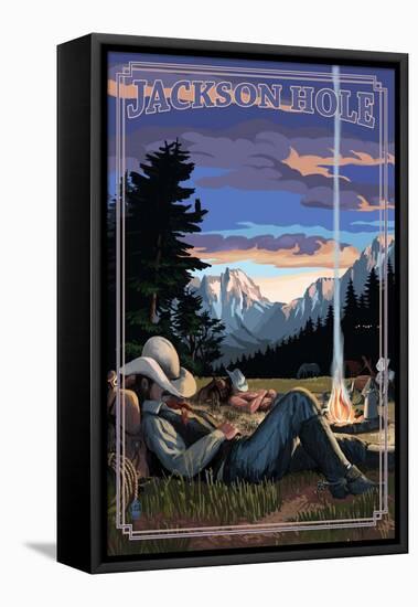 Jackson Hole, Wyoming - Cowboy Camping Night Scene-Lantern Press-Framed Stretched Canvas
