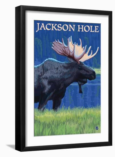 Jackson Hole, Wyoming - Moose at Night-Lantern Press-Framed Art Print