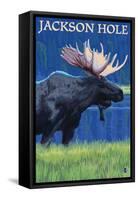 Jackson Hole, Wyoming - Moose at Night-Lantern Press-Framed Stretched Canvas