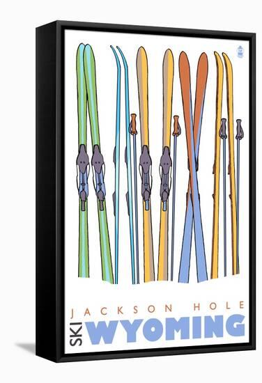 Jackson Hole, Wyoming, Skis in the Snow-Lantern Press-Framed Stretched Canvas