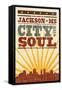 Jackson, Mississippi - Skyline and Sunburst Screenprint Style-Lantern Press-Framed Stretched Canvas