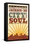 Jackson, Mississippi - Skyline and Sunburst Screenprint Style-Lantern Press-Framed Stretched Canvas