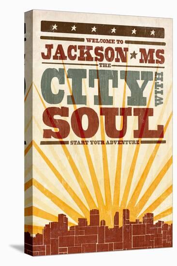 Jackson, Mississippi - Skyline and Sunburst Screenprint Style-Lantern Press-Stretched Canvas