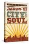 Jackson, Mississippi - Skyline and Sunburst Screenprint Style-Lantern Press-Stretched Canvas