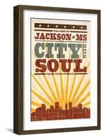 Jackson, Mississippi - Skyline and Sunburst Screenprint Style-Lantern Press-Framed Art Print