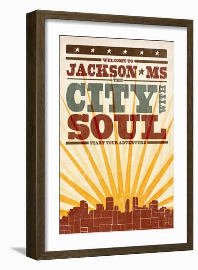 Jackson, Mississippi - Skyline and Sunburst Screenprint Style-Lantern Press-Framed Art Print