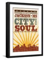 Jackson, Mississippi - Skyline and Sunburst Screenprint Style-Lantern Press-Framed Art Print