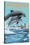 Jacksonville Beach, Florida - Jumping Dolphins-Lantern Press-Stretched Canvas