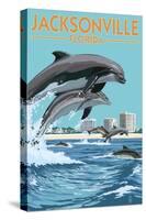 Jacksonville Beach, Florida - Jumping Dolphins-Lantern Press-Stretched Canvas