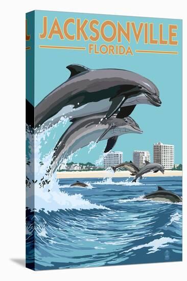Jacksonville Beach, Florida - Jumping Dolphins-Lantern Press-Stretched Canvas