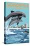 Jacksonville Beach, Florida - Jumping Dolphins-Lantern Press-Stretched Canvas