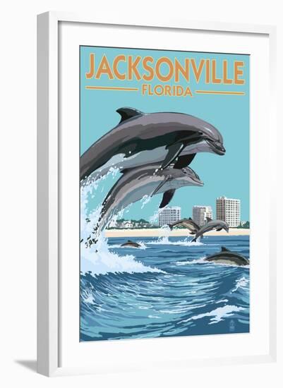 Jacksonville Beach, Florida - Jumping Dolphins-Lantern Press-Framed Art Print