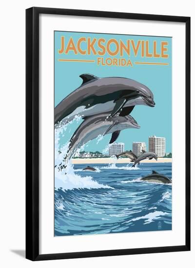 Jacksonville Beach, Florida - Jumping Dolphins-Lantern Press-Framed Art Print