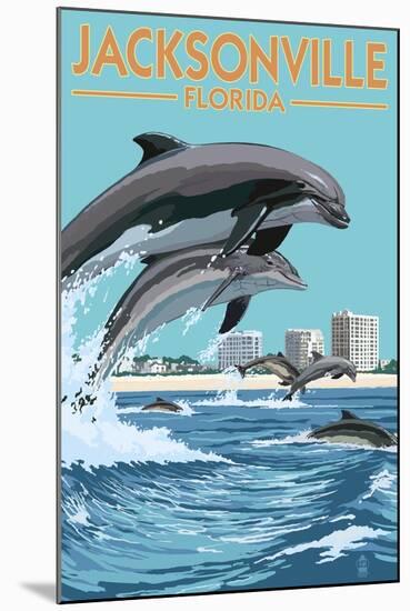 Jacksonville Beach, Florida - Jumping Dolphins-Lantern Press-Mounted Art Print