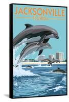 Jacksonville Beach, Florida - Jumping Dolphins-Lantern Press-Framed Stretched Canvas