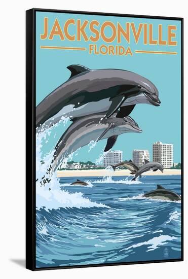 Jacksonville Beach, Florida - Jumping Dolphins-Lantern Press-Framed Stretched Canvas