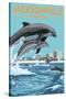 Jacksonville Beach, Florida - Jumping Dolphins-Lantern Press-Stretched Canvas