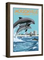 Jacksonville Beach, Florida - Jumping Dolphins-Lantern Press-Framed Art Print