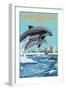 Jacksonville Beach, Florida - Jumping Dolphins-Lantern Press-Framed Art Print