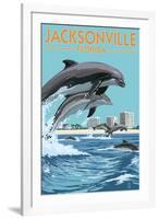 Jacksonville Beach, Florida - Jumping Dolphins-Lantern Press-Framed Art Print