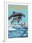 Jacksonville Beach, Florida - Jumping Dolphins-Lantern Press-Framed Art Print