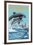 Jacksonville Beach, Florida - Jumping Dolphins-Lantern Press-Framed Art Print