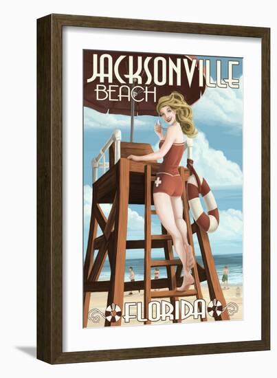 Jacksonville Beach, Florida - Lifeguard Pinup Girl-Lantern Press-Framed Art Print