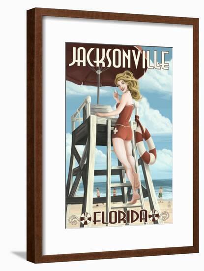 Jacksonville Beach, Florida - Lifeguard Pinup Girl-Lantern Press-Framed Art Print