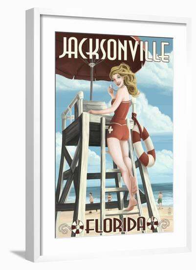 Jacksonville Beach, Florida - Lifeguard Pinup Girl-Lantern Press-Framed Art Print