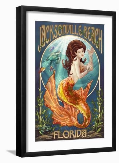 Jacksonville Beach, Florida - Mermaid Scene-Lantern Press-Framed Art Print