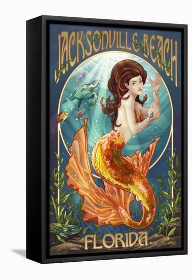 Jacksonville Beach, Florida - Mermaid Scene-Lantern Press-Framed Stretched Canvas