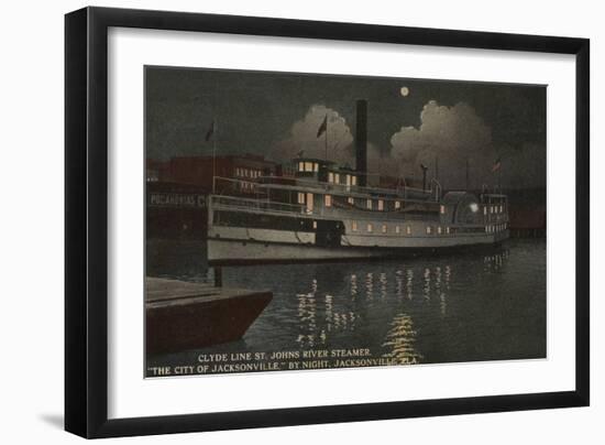 Jacksonville, FL - Night View St. Johns River Boat-Lantern Press-Framed Art Print