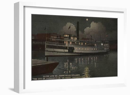 Jacksonville, FL - Night View St. Johns River Boat-Lantern Press-Framed Art Print