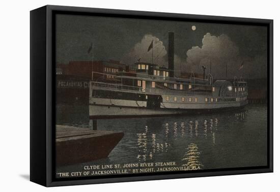 Jacksonville, FL - Night View St. Johns River Boat-Lantern Press-Framed Stretched Canvas