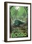 Jacksonville, Florida - Alligator in Swamp-Lantern Press-Framed Art Print